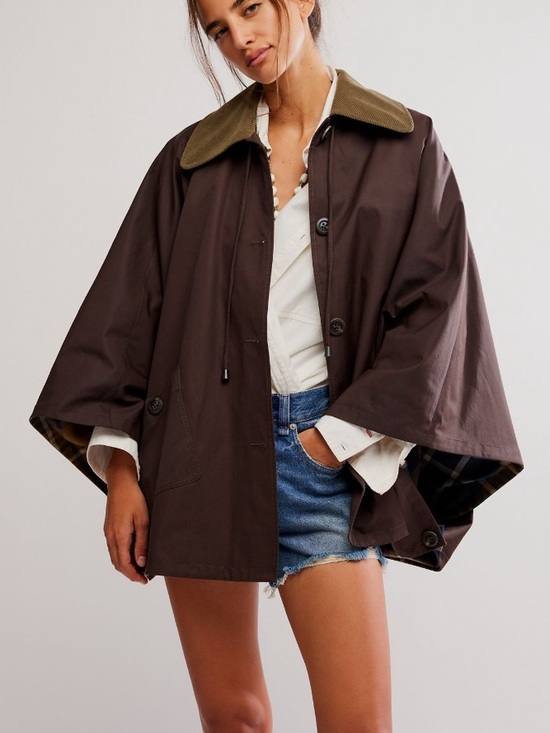 Free People Jackets & Blazers - Free People Bailey Cape in Italian Mocha Brown Plaid Lined Tie Neck NEW Size M/L